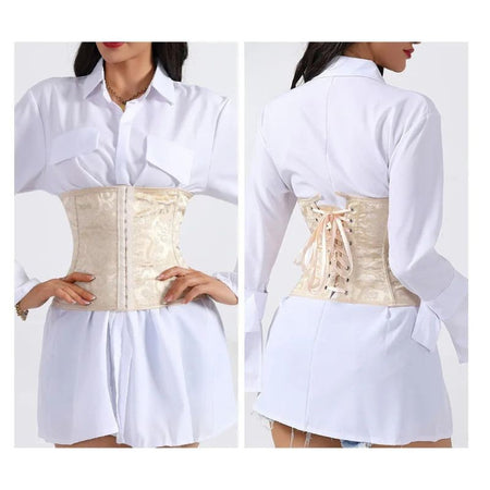 Modèle portant le corset GothicShape beige vue avant et arrière - Bébé Lova