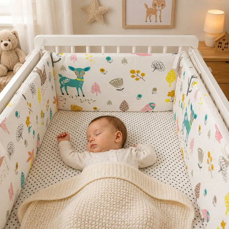 Tour de lit épais NordicBump avec bébé endormi dans un lit bébé motif forêt nordique - Bébé Lova
