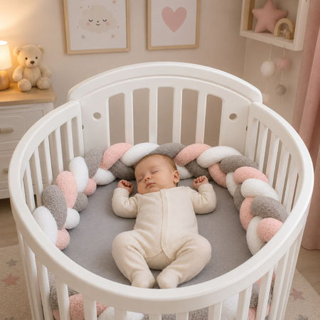 Tour de lit tressé rose, blanc et gris installé dans un berceau bébé pour une protection douce et décorative - Bébé Lova