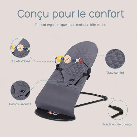 Transat bébé ergonomique avec jouets d’éveil, tissu confort et harnais de sécurité - Bébé Lova