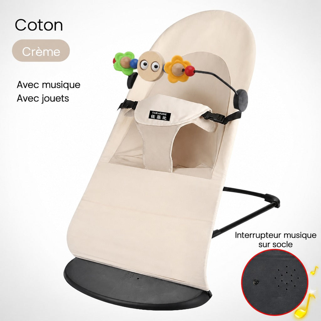 Version coton crème du transat balancelle BabyRock avec musique et arche d’éveil - Bébé Lova
