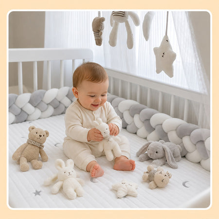 Bébé assis entouré d'une tresse de lit gris et blanc avec peluches - Bébé Lova