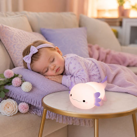Bébé endormi sur un canapé avec la veilleuse axolotl allumée sur une table - Bébé Lova