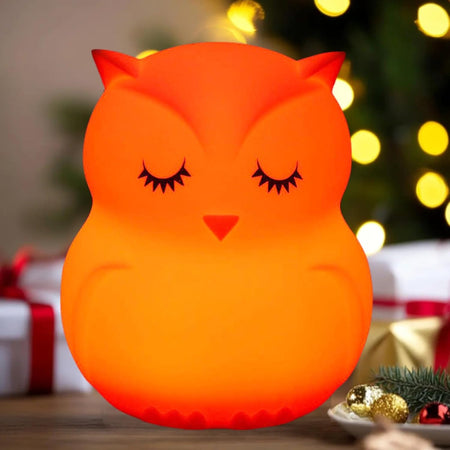 Veilleuse chouette LED orange avec ambiance chaleureuse et décor lumineux - Bébé Lova