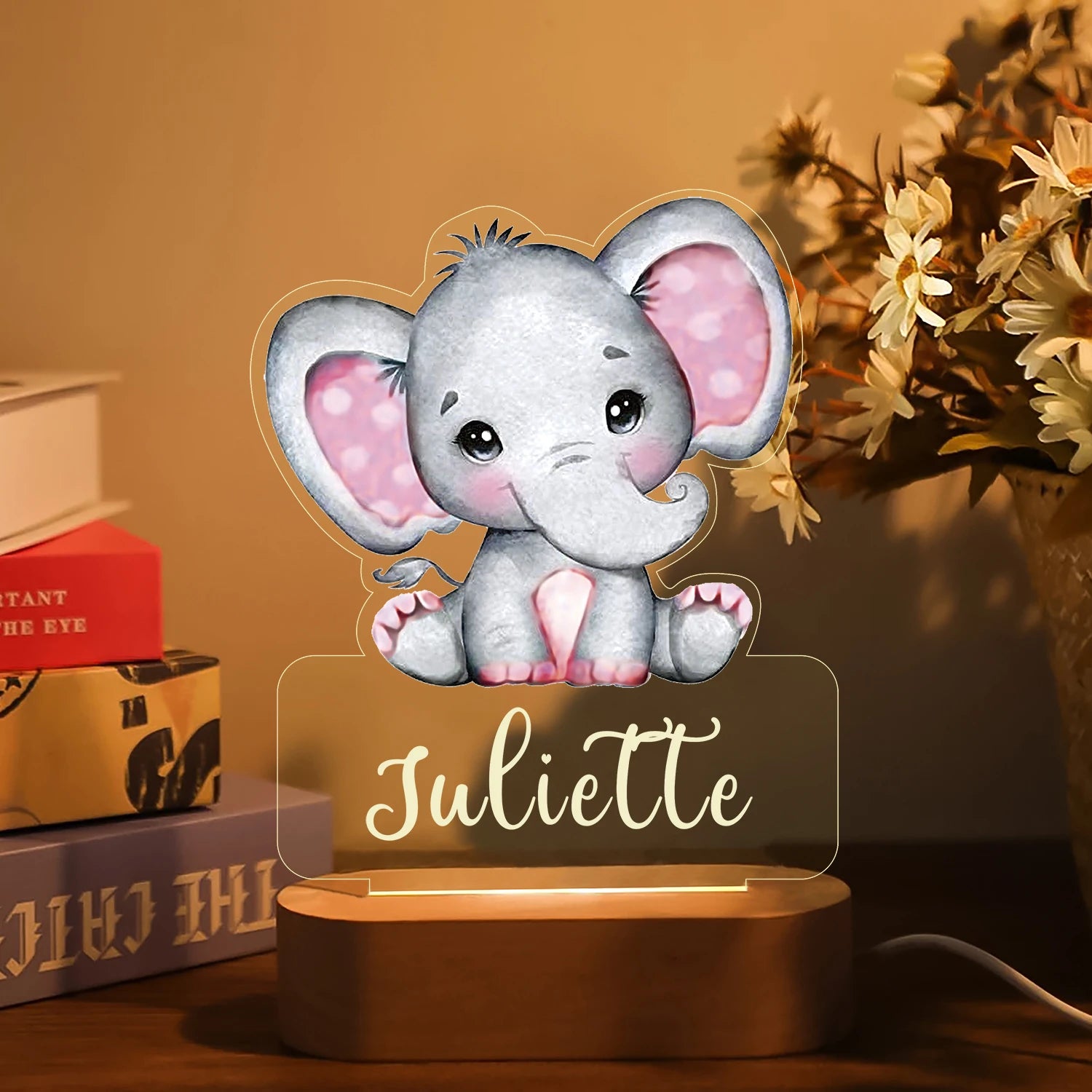 Veilleuse personnalisable prénom éléphant acrylique avec prénom Juliette et lumière chaude apaisante - Bébé Lova