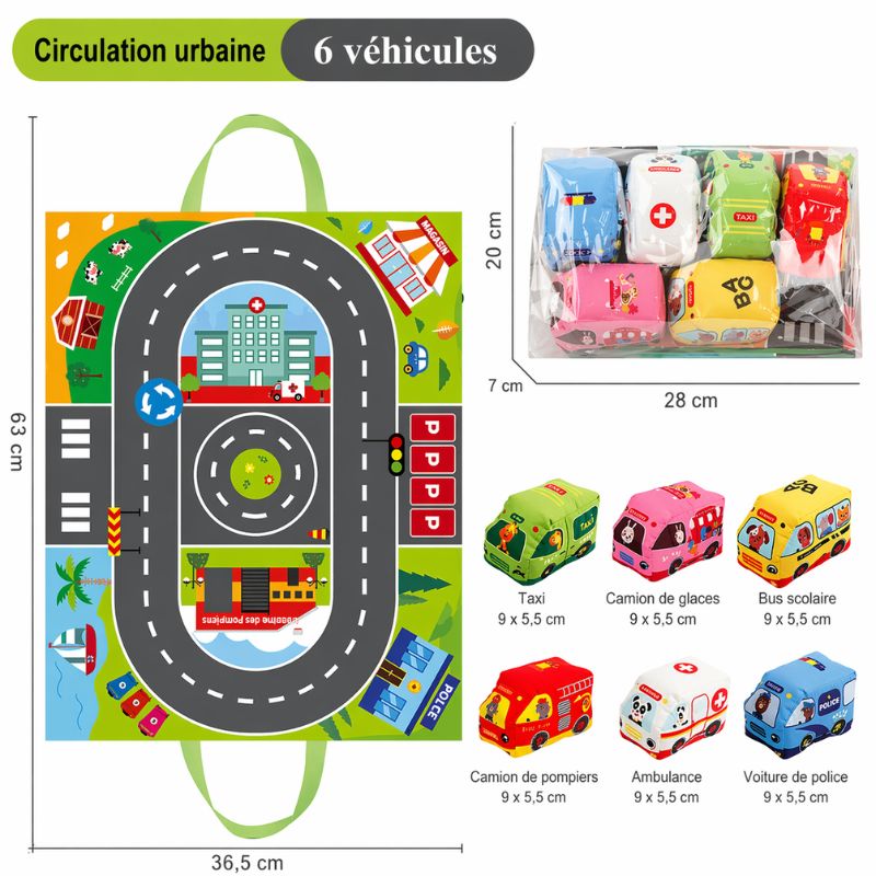 tapis de circulation urbaine avec 6 véhicules Montessori souples et sac de transport - Bébé Lova